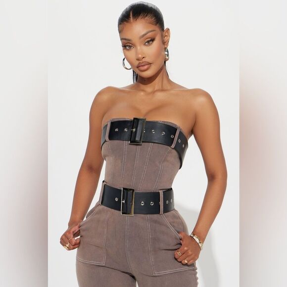 Fashion Nova Stay With Me Belted Denim Jumpsuit In Charcoal - Picture 3 of 6